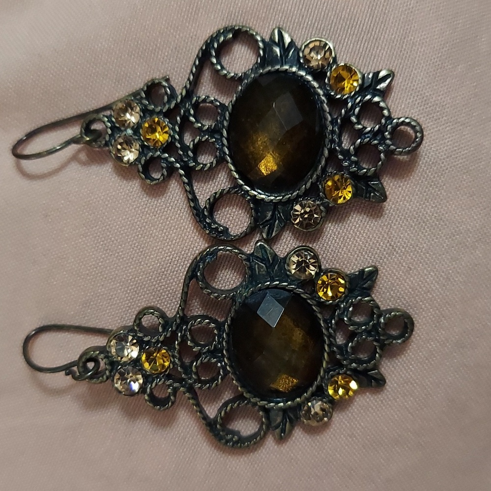 Amber Multi Color Rhinestone Boho Brass Filigree Earrings